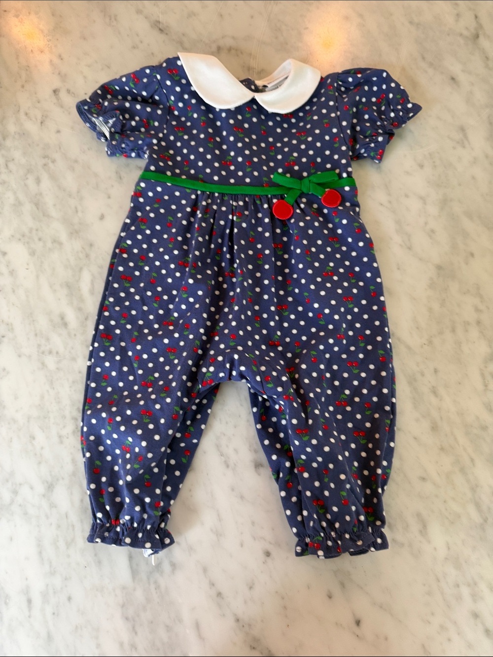 Florence Eiseman Navy Polka Dot Cherry One-Piece with White Collar